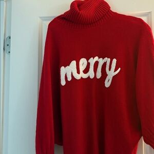 Red Turtleneck Sweater with 'Merry' Design